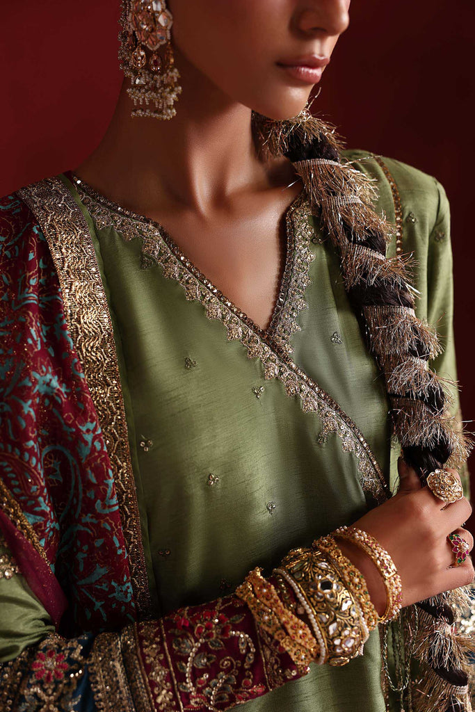 3 Piece Embroidered Raw Silk Angrakha Suit – Green