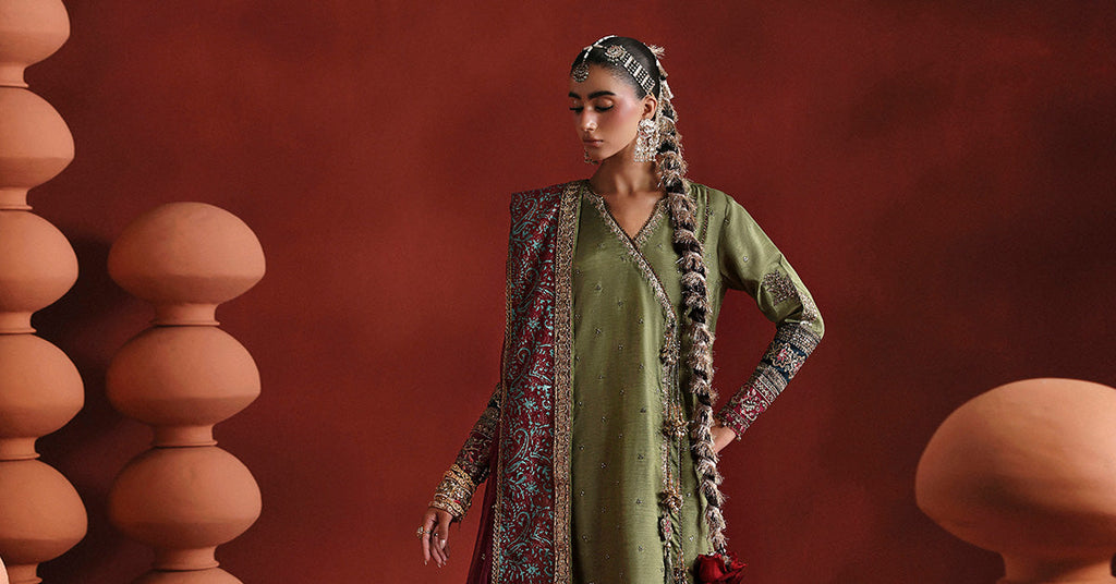 3 Piece Embroidered Raw Silk Angrakha Suit – Green