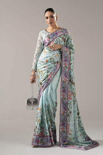Maria.B Embellished Charmeuse Saree – Aqua