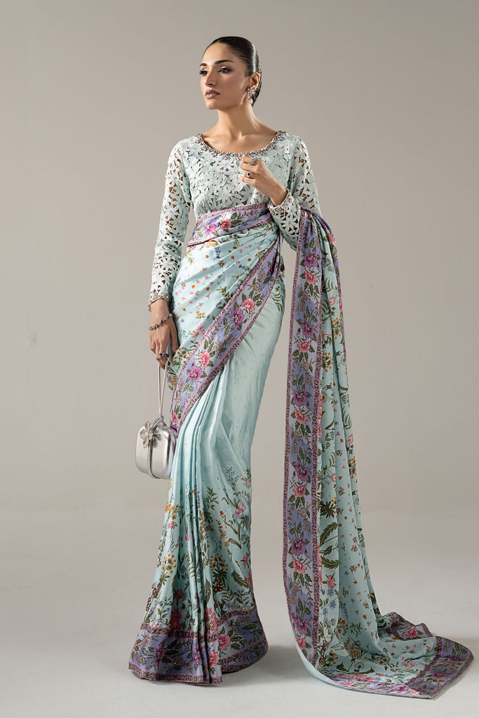 Maria.B Embellished Charmeuse Saree – Aqua