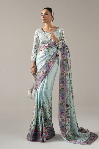 Maria.B Embellished Charmeuse Saree – Aqua
