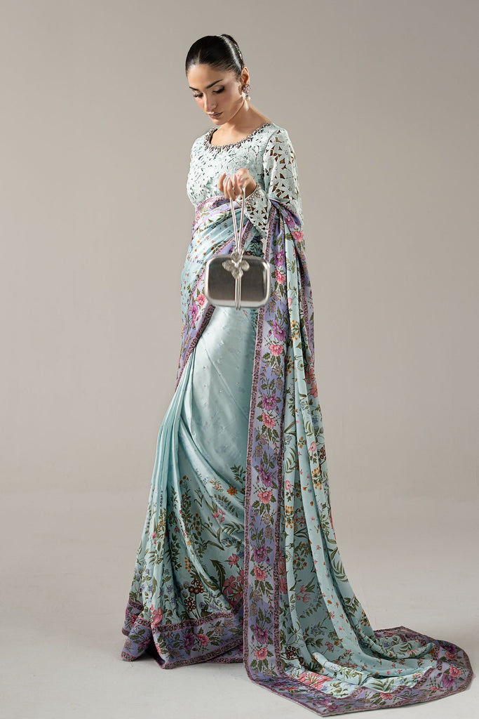 Maria.B Embellished Charmeuse Saree – Aqua