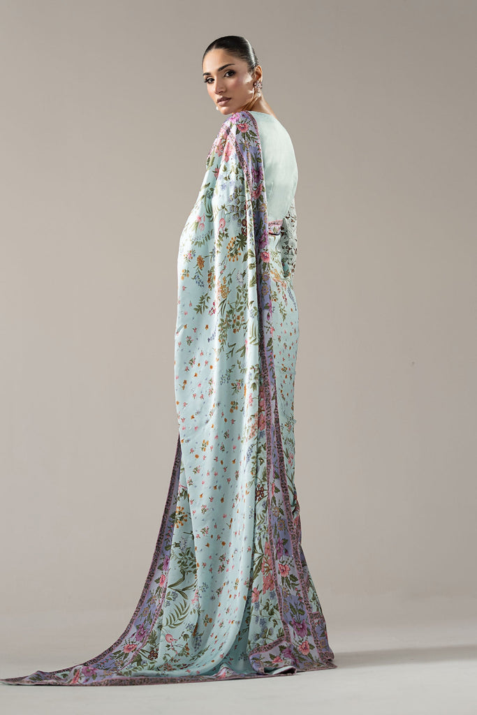 Maria.B Embellished Charmeuse Saree – Aqua