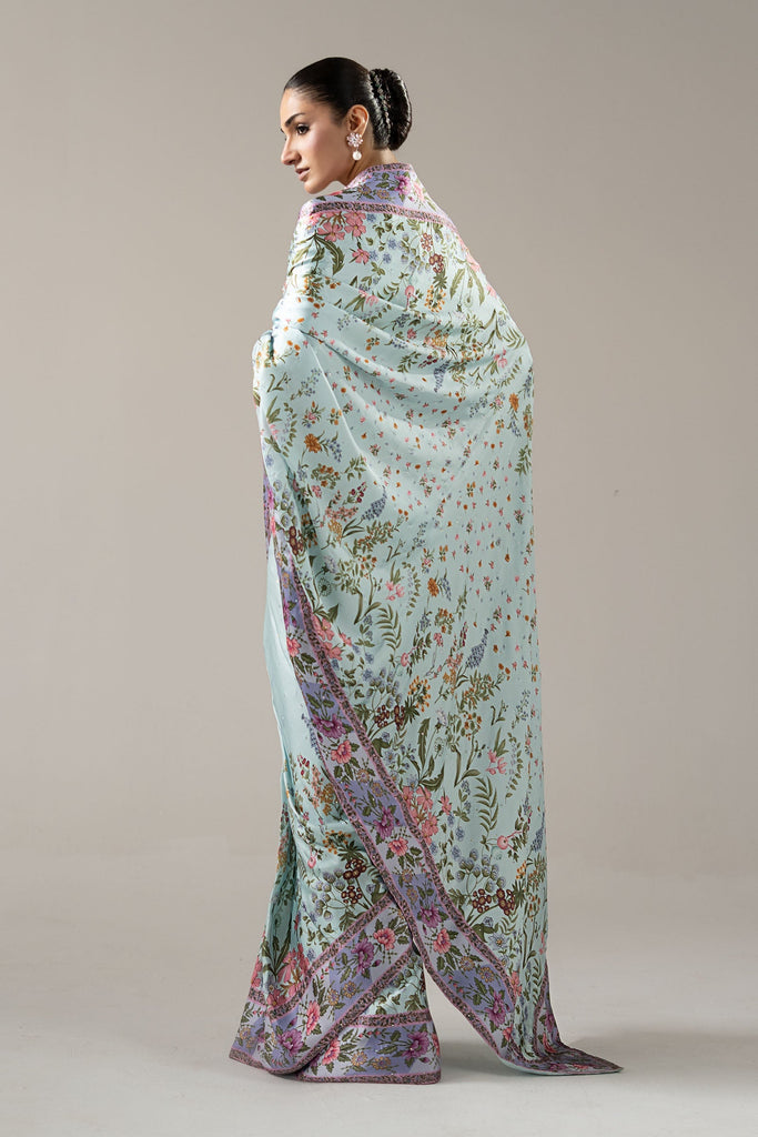 Maria.B Embellished Charmeuse Saree – Aqua