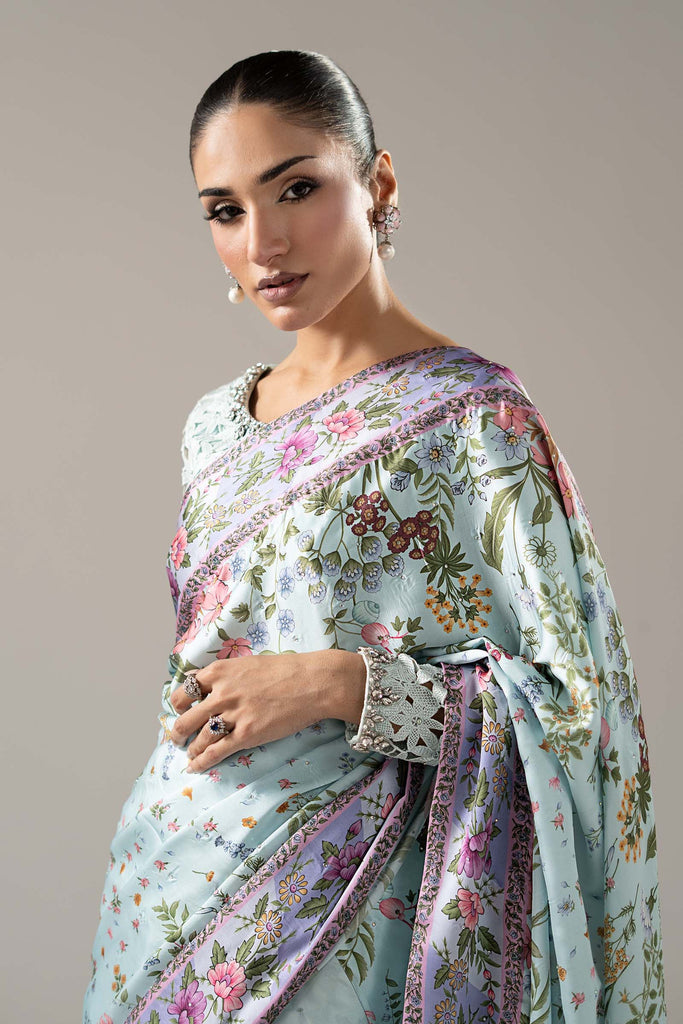 Maria.B Embellished Charmeuse Saree – Aqua