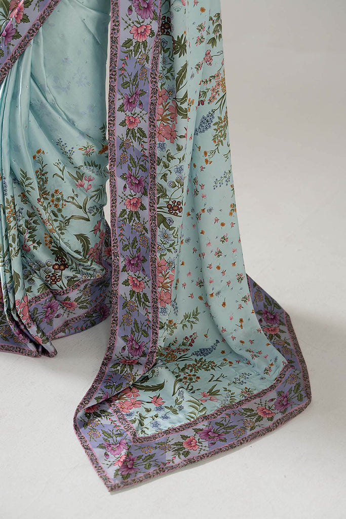 Maria.B Embellished Charmeuse Saree – Aqua