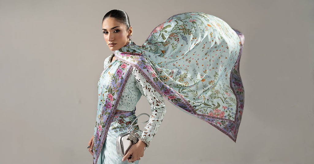 Maria.B Embellished Charmeuse Saree – Aqua