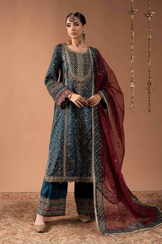 3 Piece Block Printed Raw Silk Suit - Teal