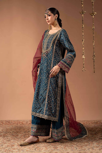 3 Piece Block Printed Raw Silk Suit - Teal