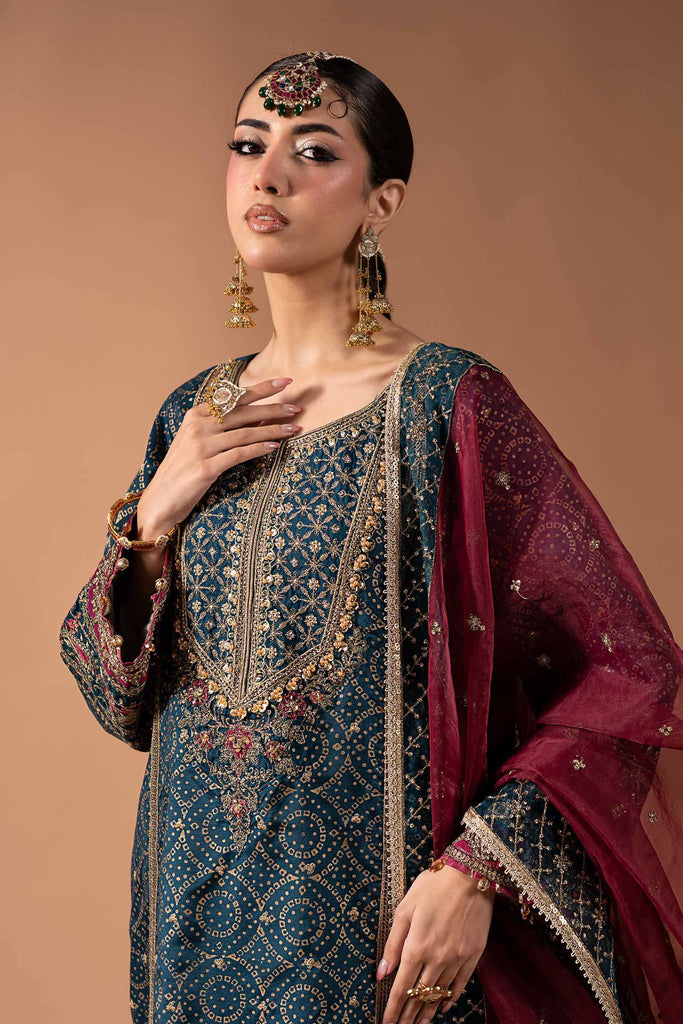 3 Piece Block Printed Raw Silk Suit - Teal