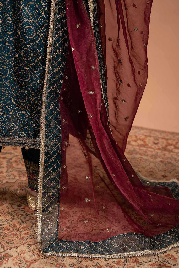 3 Piece Block Printed Raw Silk Suit - Teal