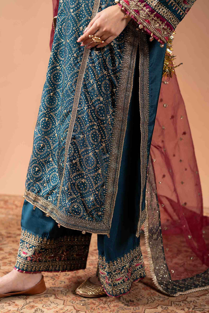 3 Piece Block Printed Raw Silk Suit - Teal