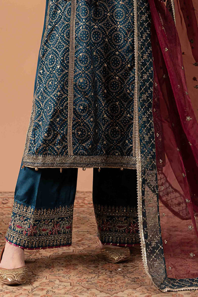 3 Piece Block Printed Raw Silk Suit - Teal