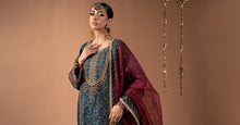 Load image into Gallery viewer, 3 Piece Block Printed Raw Silk Suit - Teal