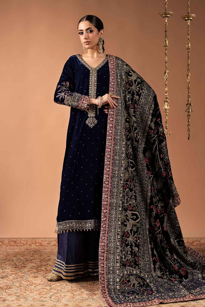 3 Piece Embroidered Velvet Suit with Diamante Detailing - Blue