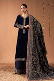 3 Piece Embroidered Velvet Suit with Diamante Detailing - Blue