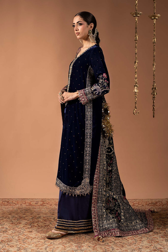 3 Piece Embroidered Velvet Suit with Diamante Detailing - Blue