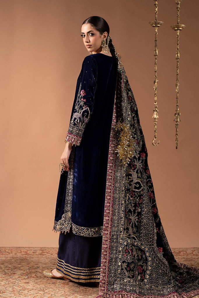 3 Piece Embroidered Velvet Suit with Diamante Detailing - Blue