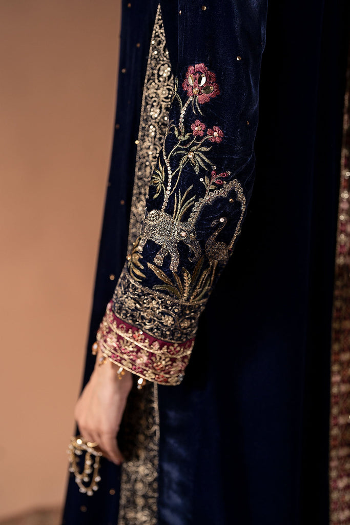 3 Piece Embroidered Velvet Suit with Diamante Detailing - Blue