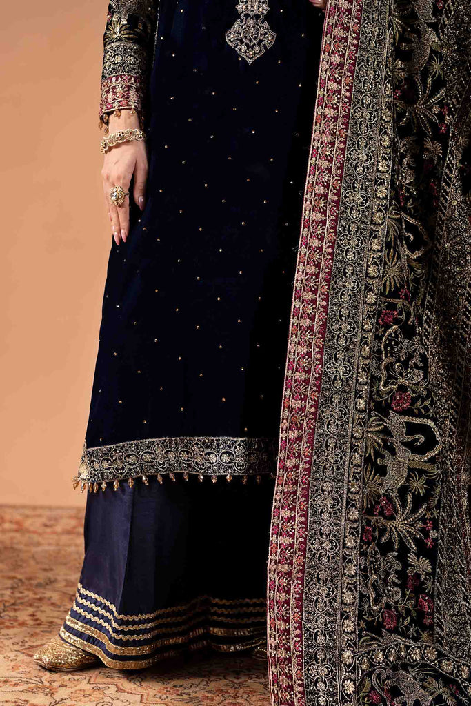 3 Piece Embroidered Velvet Suit with Diamante Detailing - Blue