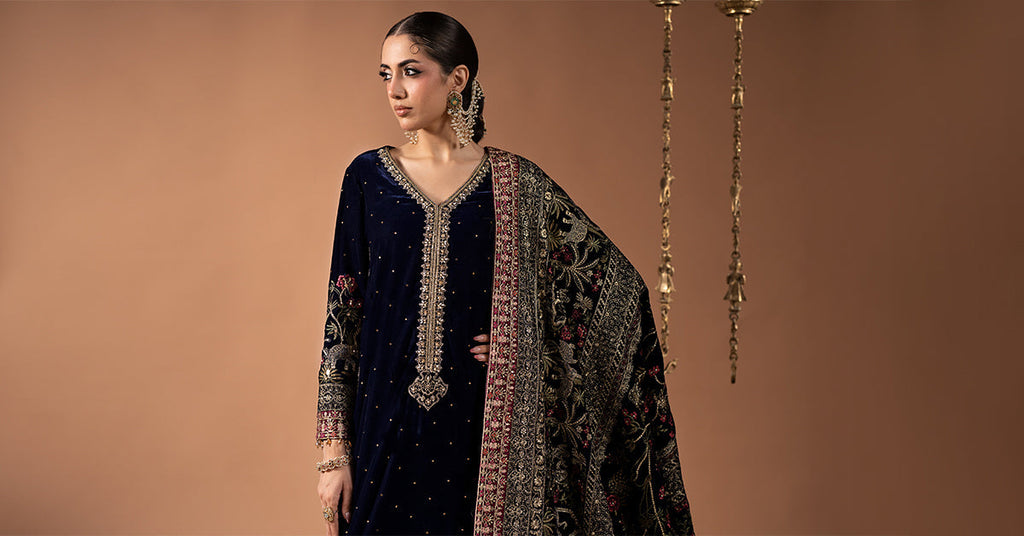 3 Piece Embroidered Velvet Suit with Diamante Detailing - Blue