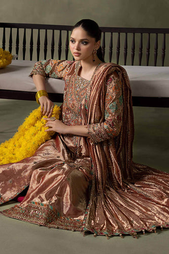Peach Pink Zari Tissue 3 Piece Embroidered Suit