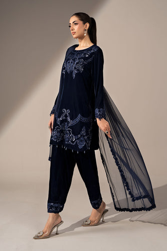 Blue Velvet 3 Piece Embroidered Suit for Women