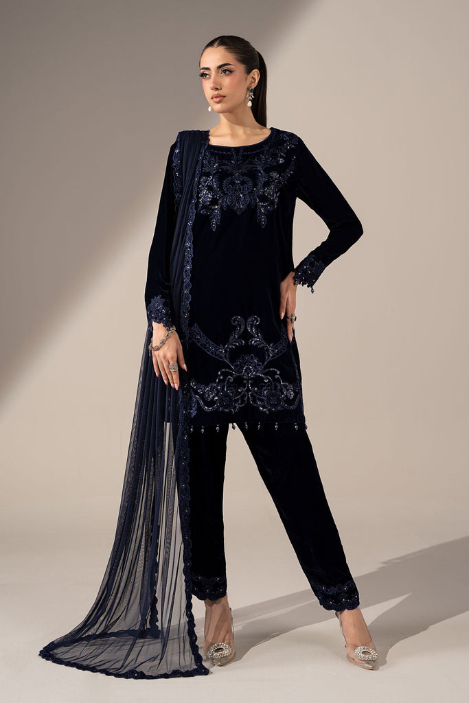 Blue Velvet 3 Piece Embroidered Suit for Women