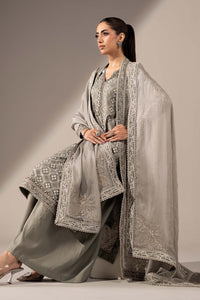 3 Piece Embroidered Organza Gown Suit - Grey