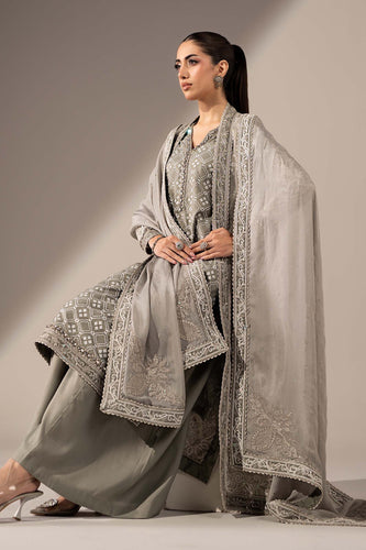 3 Piece Embroidered Organza Gown Suit - Grey
