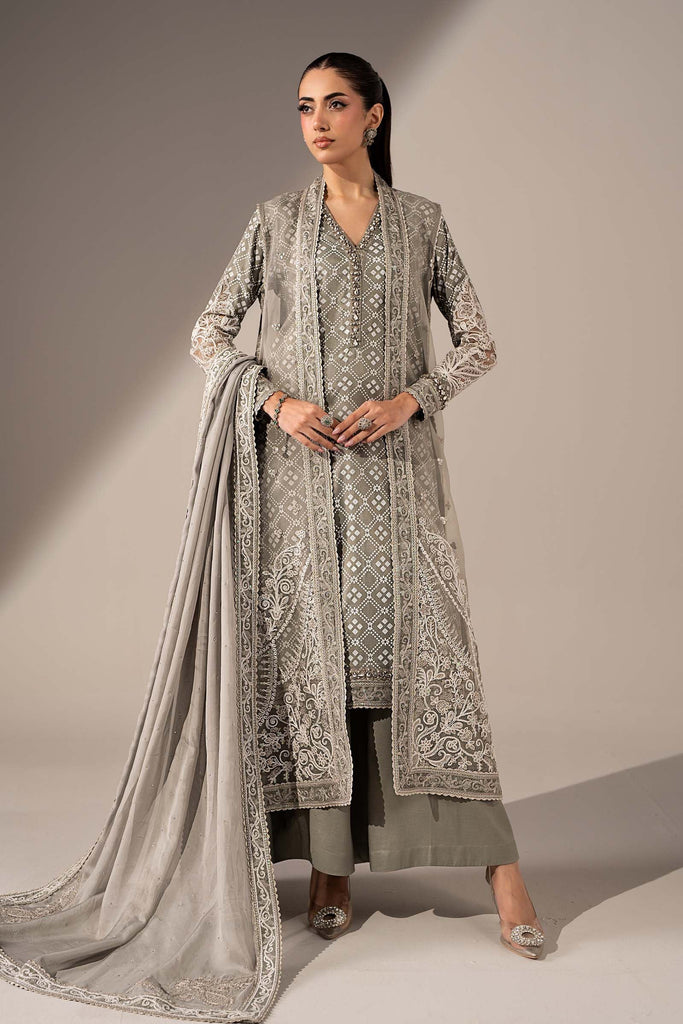 3 Piece Embroidered Organza Gown Suit - Grey