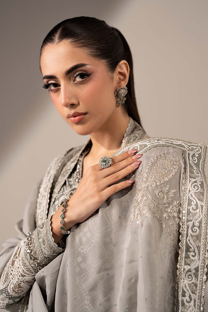 3 Piece Embroidered Organza Gown Suit - Grey