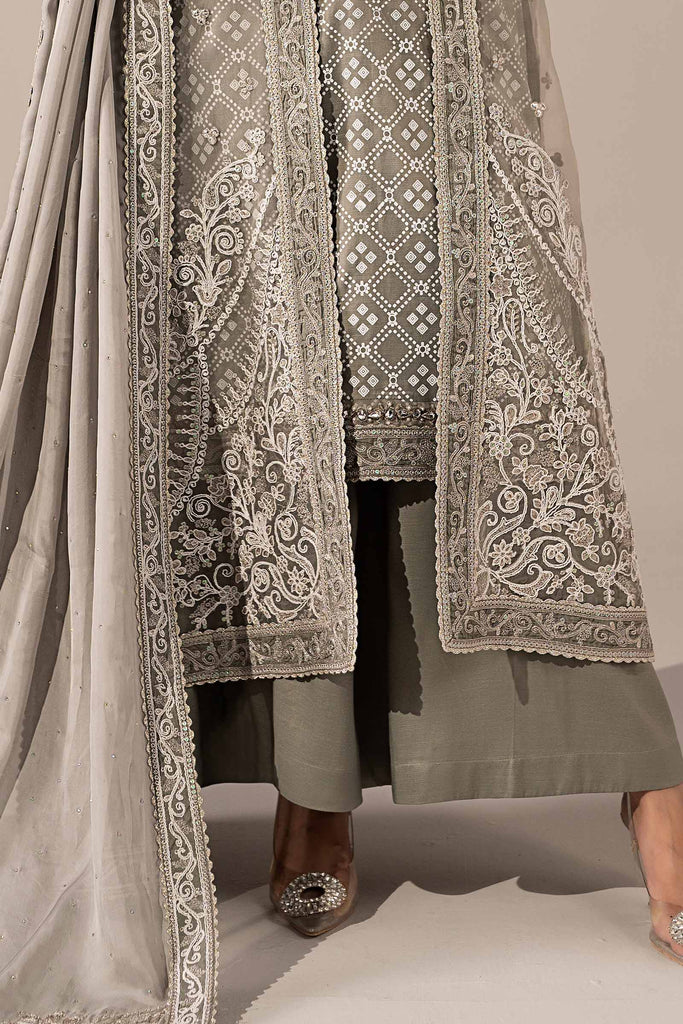 3 Piece Embroidered Organza Gown Suit - Grey