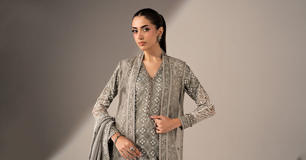 3 Piece Embroidered Organza Gown Suit - Grey