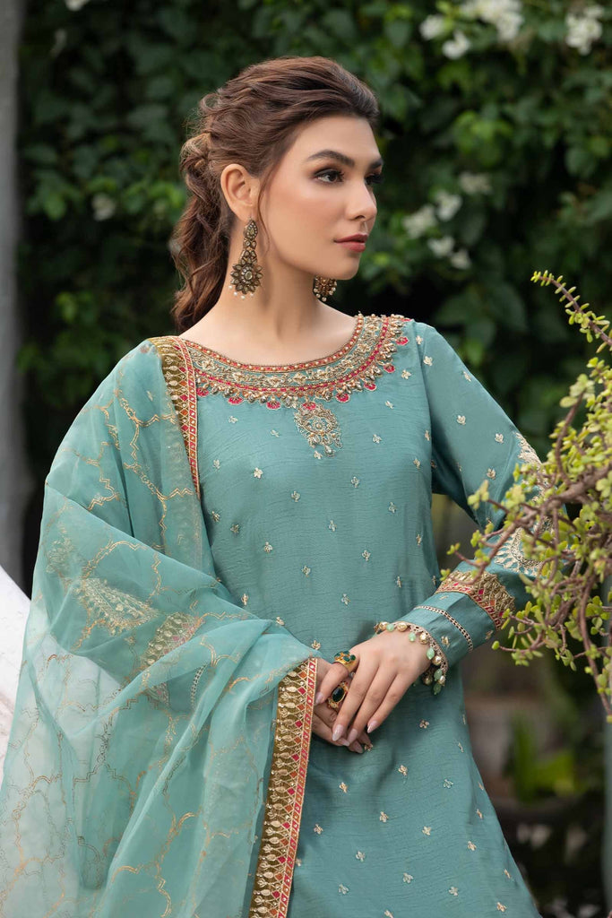 3 Piece Embroidered Raw Silk Suit in Ferozi