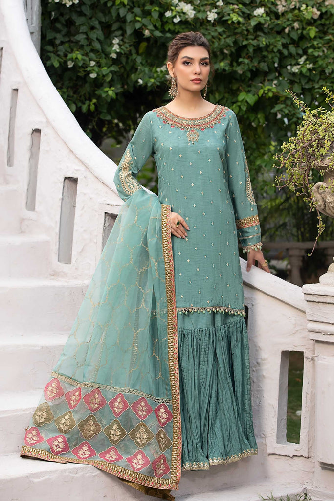 3 Piece Embroidered Raw Silk Suit in Ferozi