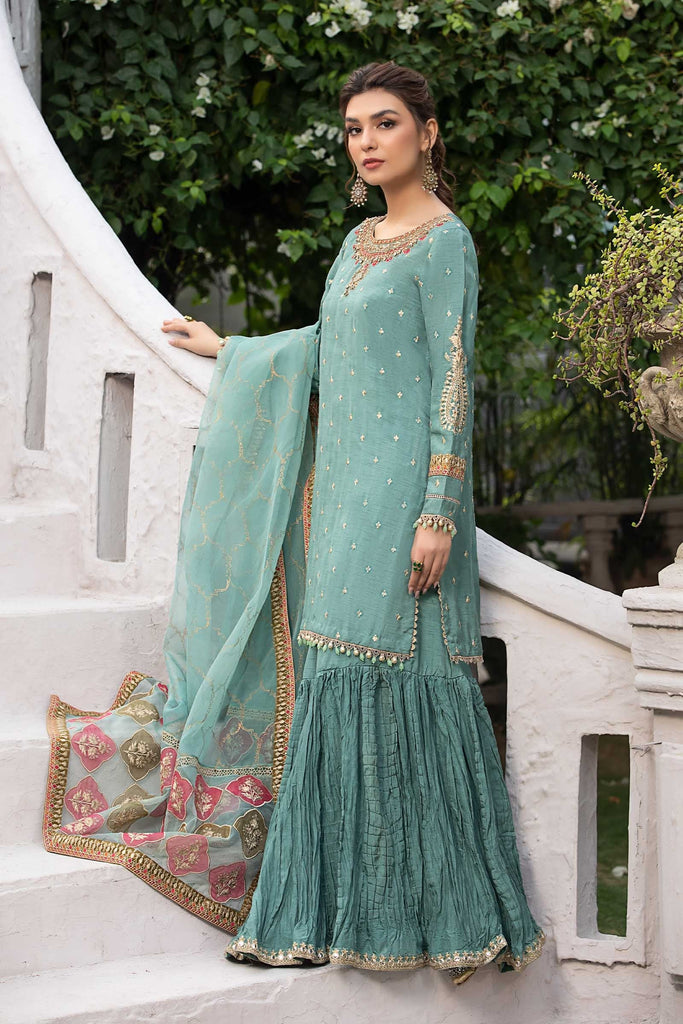 3 Piece Embroidered Raw Silk Suit in Ferozi