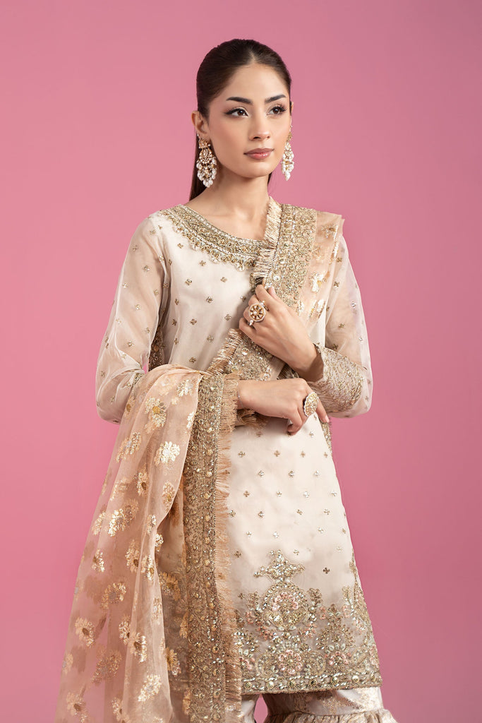 Off White Organza 3 Piece Embroidered Suit