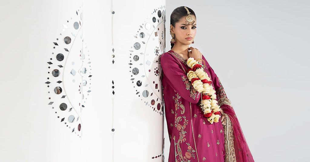 Embroidered Raw Silk Suit for Women - Pink