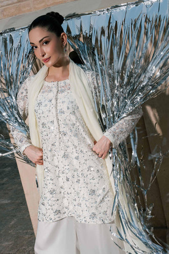 3 Piece Embroidered Net Suit for Women – White