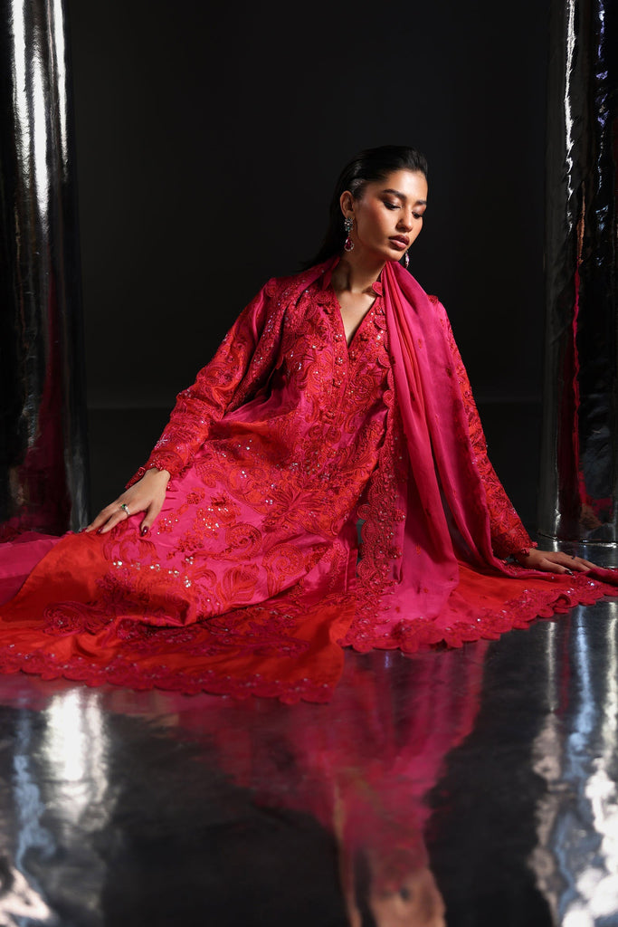 3 Piece Tissue Silk Suit with 3D Floral Neckline - Pink
