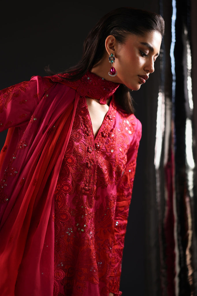 3 Piece Tissue Silk Suit with 3D Floral Neckline - Pink