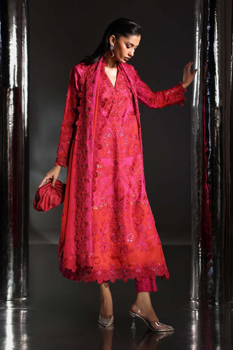 3 Piece Tissue Silk Suit with 3D Floral Neckline - Pink