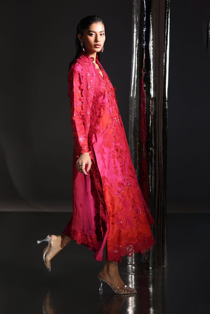3 Piece Tissue Silk Suit with 3D Floral Neckline - Pink