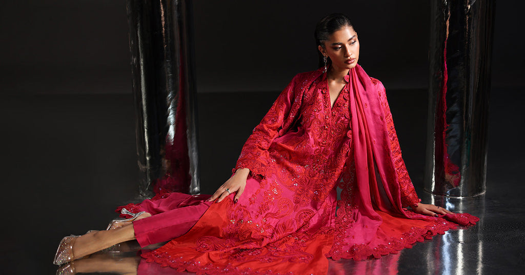 3 Piece Tissue Silk Suit with 3D Floral Neckline - Pink