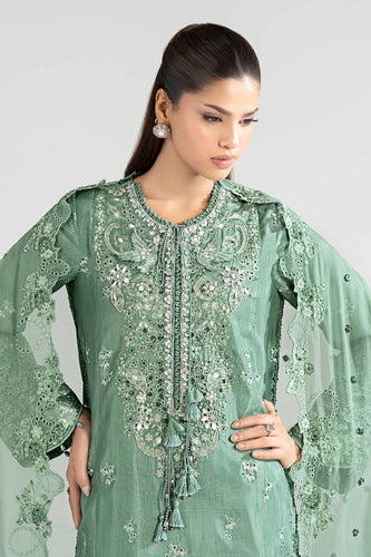 Green 3 Piece Embroidered Raw Silk Suit for Women