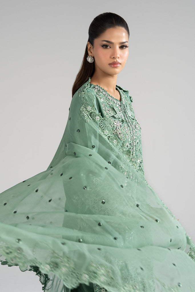 Green 3 Piece Embroidered Raw Silk Suit for Women
