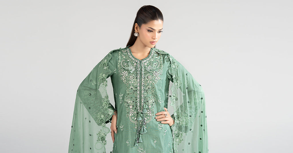 Green 3 Piece Embroidered Raw Silk Suit for Women