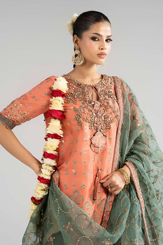 Block Print Raw Silk 3 Piece Suit - Orange