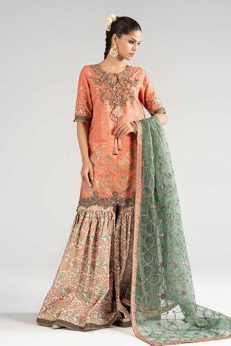 Block Print Raw Silk 3 Piece Suit - Orange